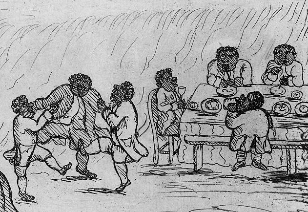A sketch showing Black people at a party eating, drinking, and dancing