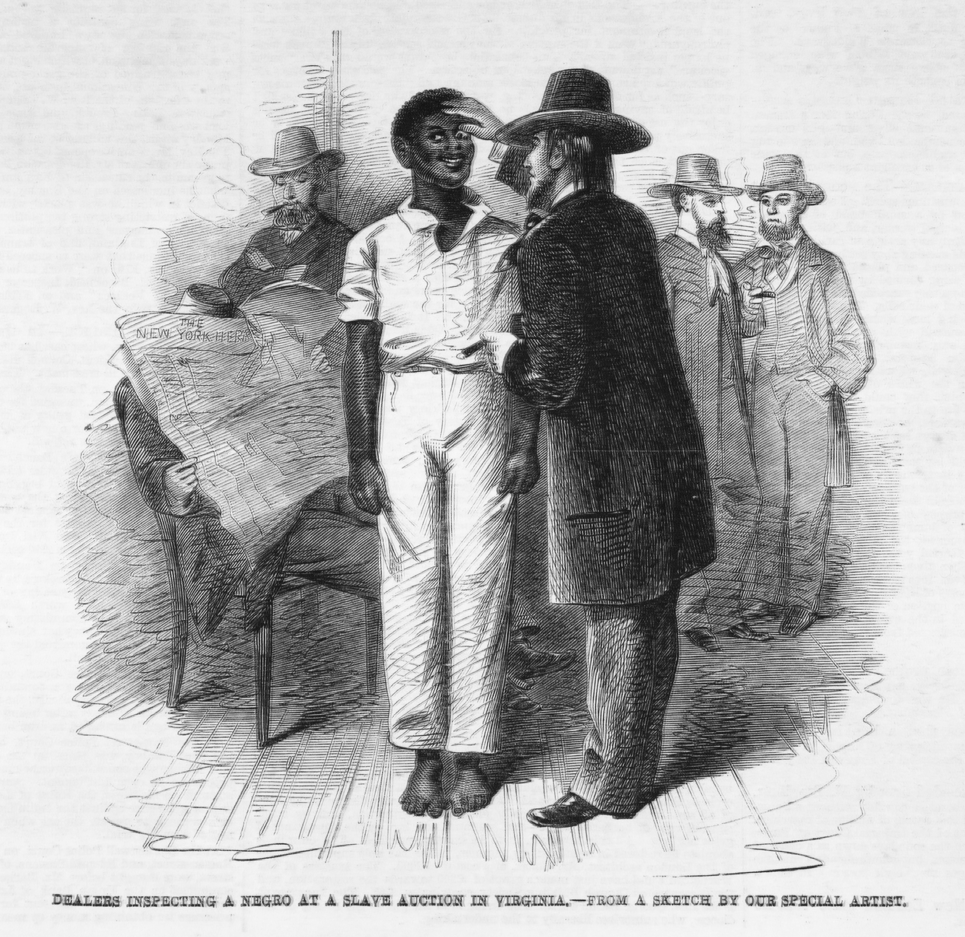 a sketch showing a slave being inspected by a buyer at an auction. There is a grin on the slave's face as the teeth are being checked