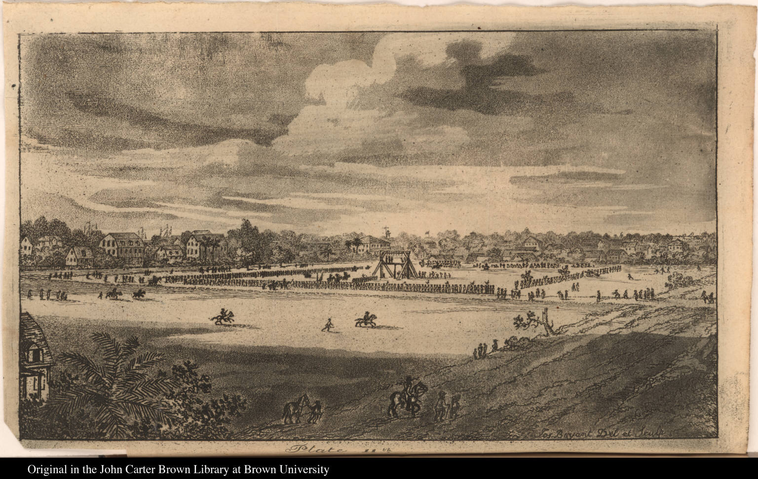 Large open space or parade ground with soldiers standing in formation. In the center of the formation is a gallows with men hanging from it. Includes men on horseback, view of dwellings in the settlement, and ships' masts.