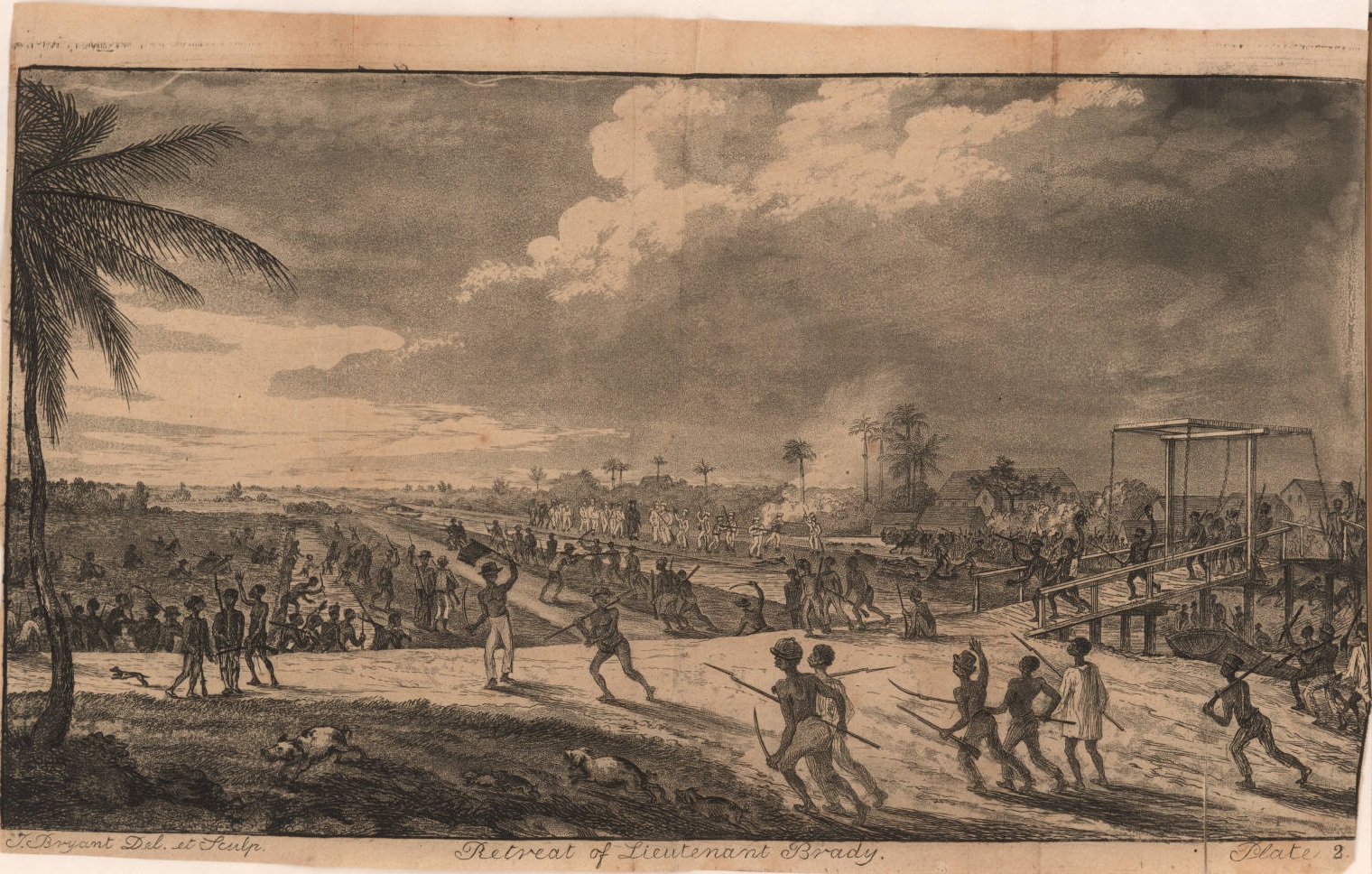 Large group of slaves force the retreat of European soldiers. Includes canal, boat, drawbridge, dwellings, guns or muskets, flag, hogs, pigs, dogs, and bayonnets.