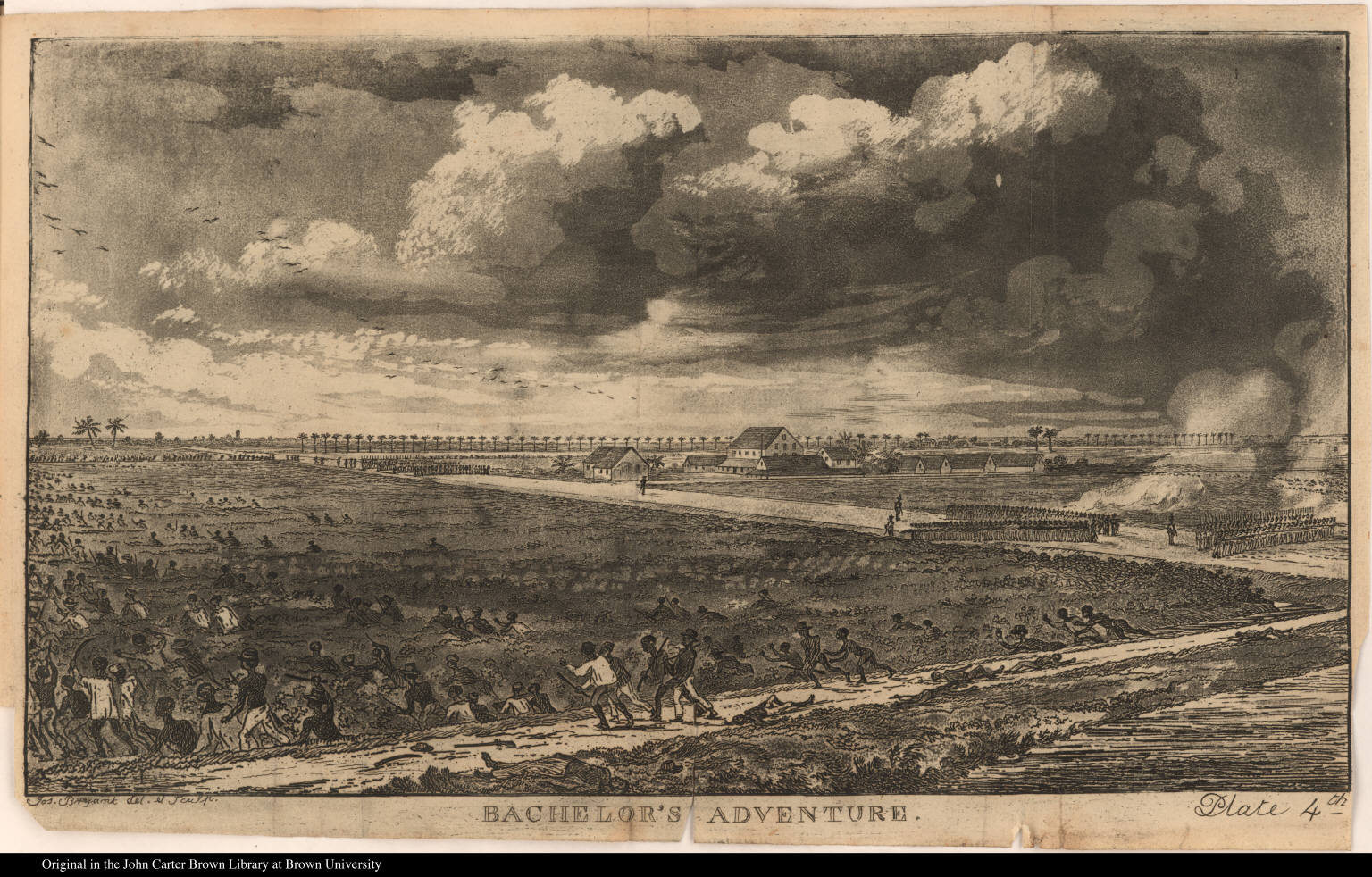 Blacks (slaves) run across a plain while some lie dead on a dam. Three groups of European soldiers stand in formation on a road. Includes canal, dwellings, guns or muskets, and swords.