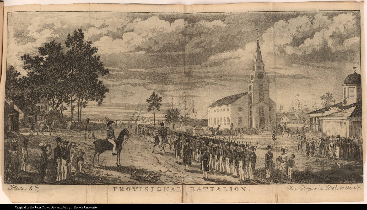 Battalion lines up for review. Includes officers on horseback, blacks (slaves), ships, church, municipal building, windmill, dwellings, and dogs.