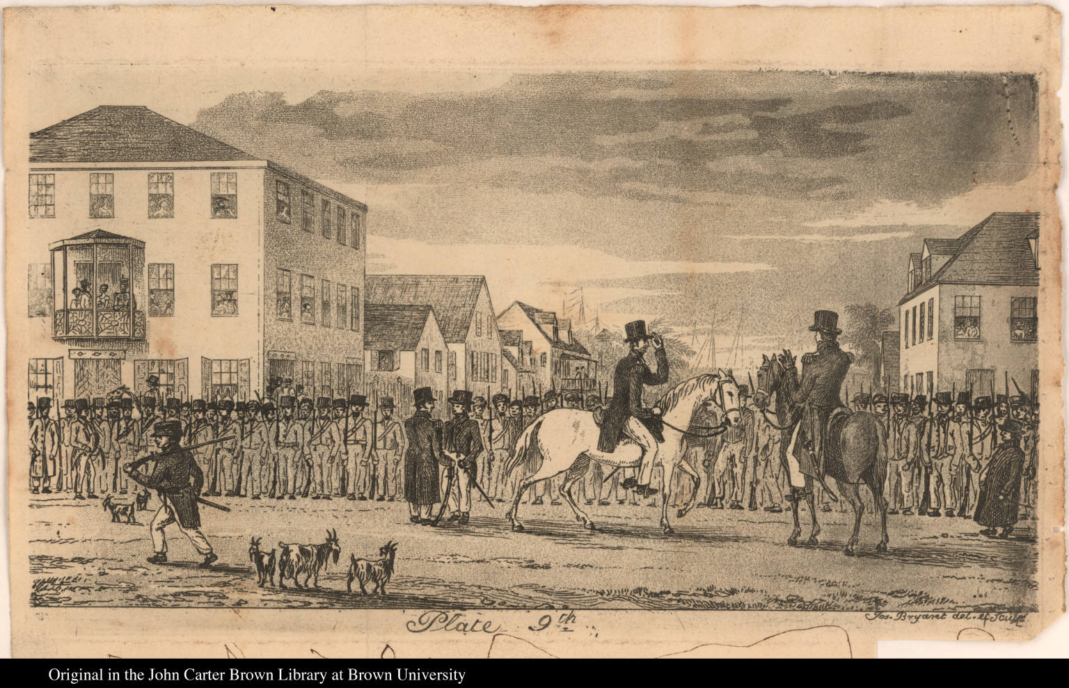 Soldiers line up in a town square. Officers on horseback inspect them, and women look on from windows. Includes swords, guns or muskets, ships, goats, and dwellings