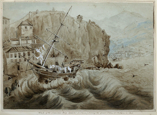A sketch showing a ship toed into a rocky shore during a storm