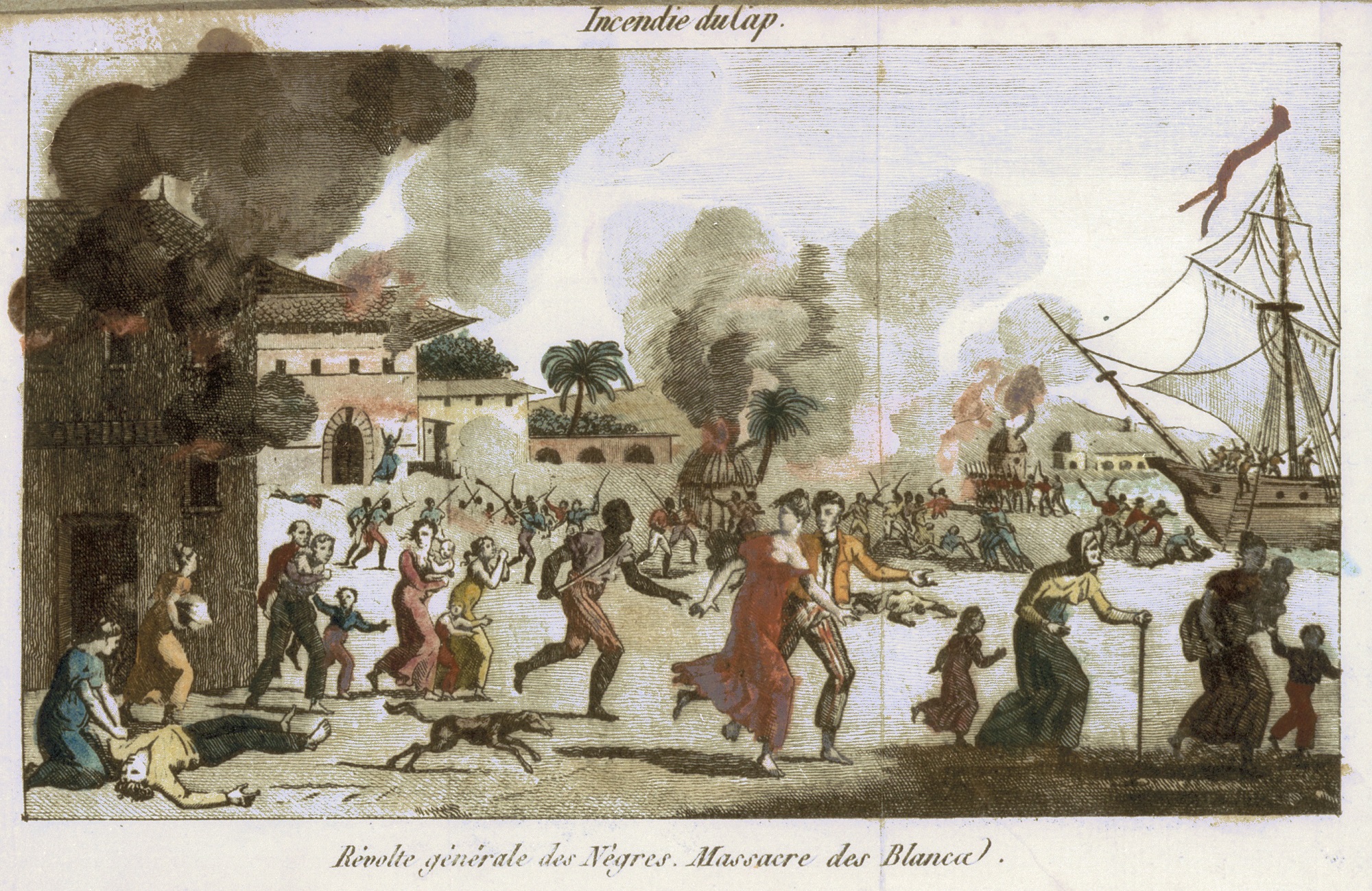 Old color drawing showing White French colonists of all ages fleeing as Black rebel ex-slaves chase them towards the ocean with weapons