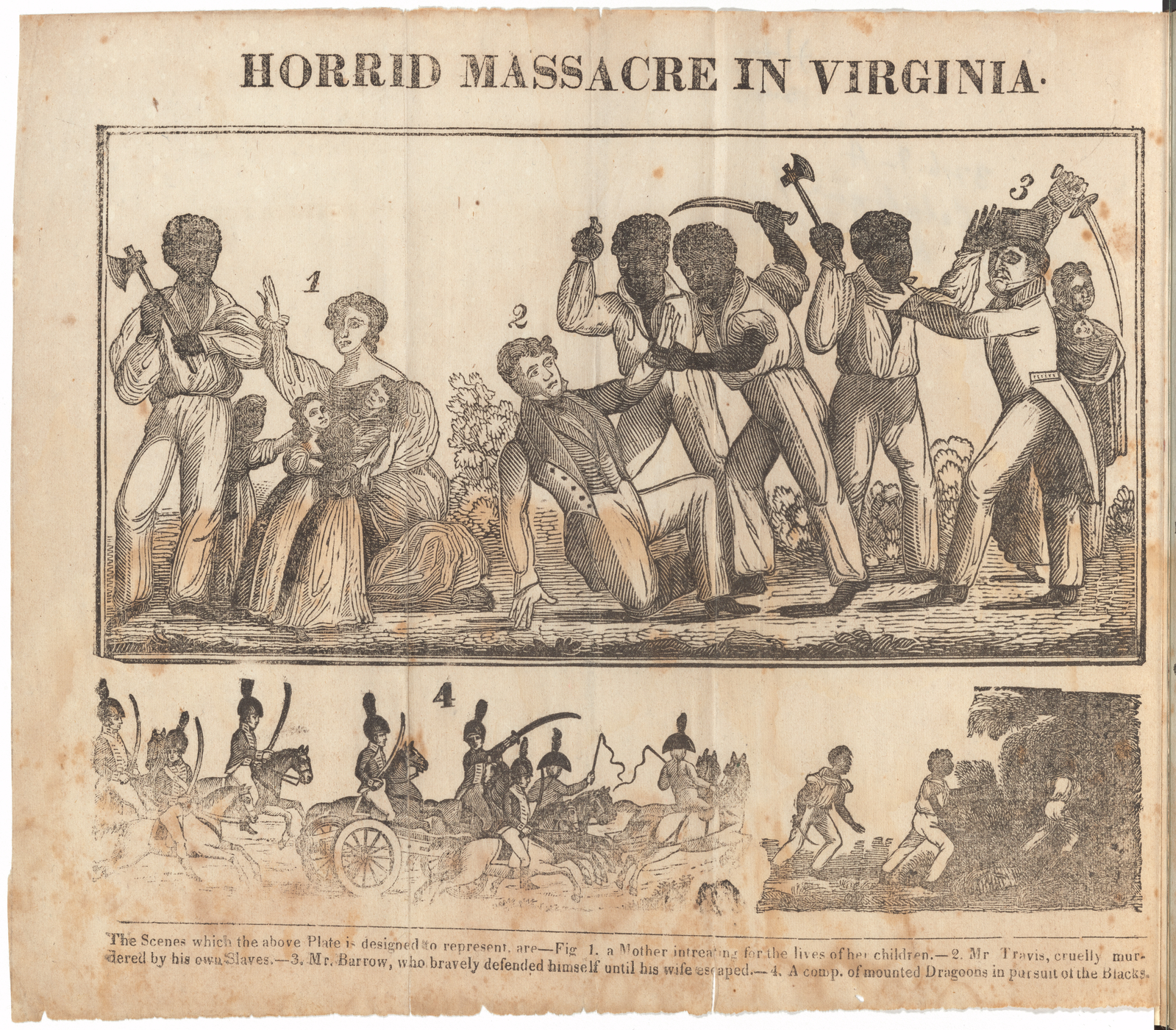 A sketch showing Black ex-slaves rising up against their oppressors with weapons in their hands. Men, women, and children huddle in fear.