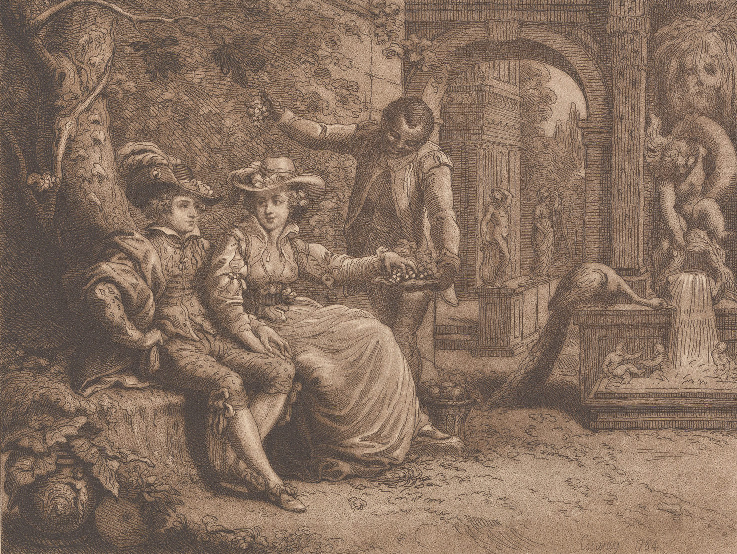 A sketch of a seated European couple and a standing African offering them grapes