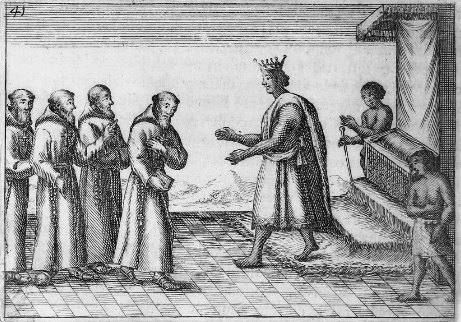 an African king meeting with European priests