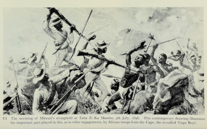 A drawing of African colonial soldiers shooting and stabbing African warriors