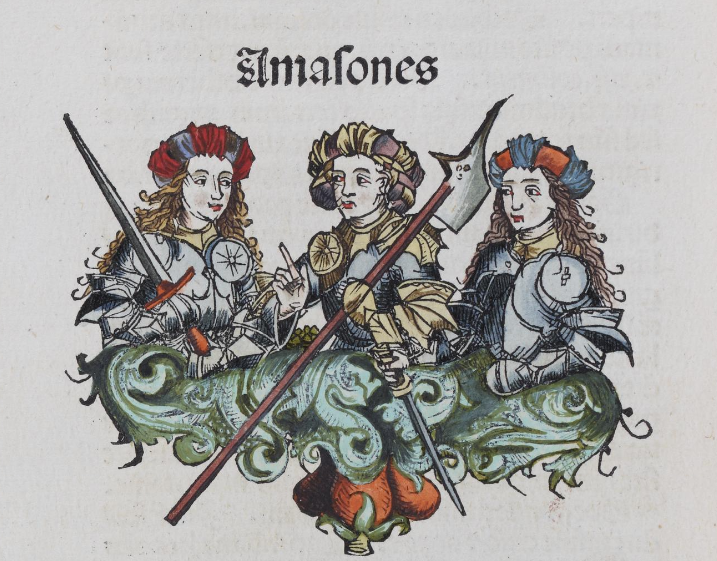 colorful drawing of three women in knights armor holding weapons