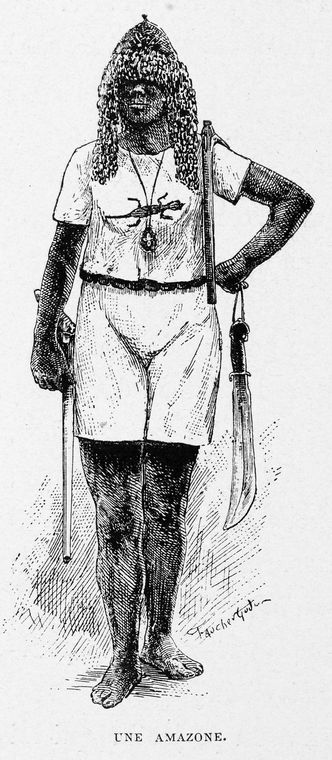A sketch of a woman standing with hand on hip, a gun on one side, and a machete on her other side